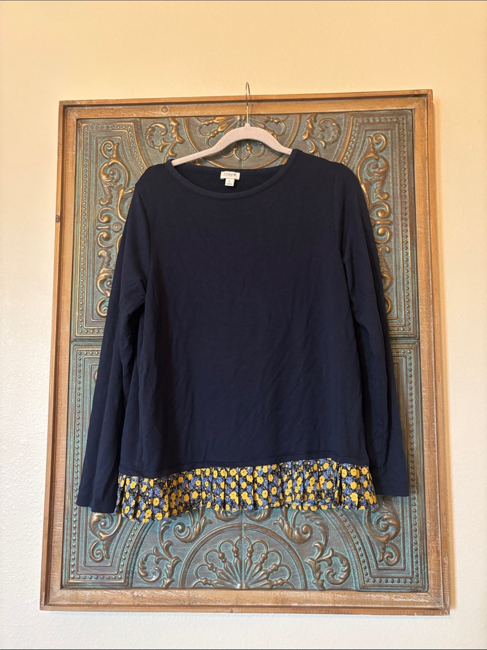 J. Crew Navy Long-Sleeve Top with Yellow Floral Ruffle Hem